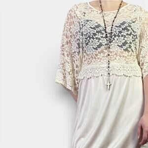 Vintage Cream Sheer Floral Lace Romantic Coquette Boxy Overlay Top Sz M